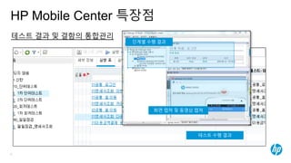 8
HP Mobile Center 특장점
테스트 결과 및 결함의 통합관리
테스트 수행 결과
단계별 수행 결과
화면 캡쳐 및 동영상 캡쳐
 