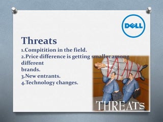 Threats
1.Compitition in the field.
2.Price difference is getting smaller among
different
brands.
3.New entrants.
4.Technology changes.
 