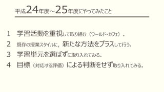 平成24年度～25年度にやってみたこと
１ 学習活動を重視して取り組む（ワールド・カフェ）。
２ 既存の授業スタイルに，新たな方法をプラスして行う。
３ 学習単元を選ばずに取り入れてみる。
４ 目標（対応する評価）による判断をせず取り入れてみる。
 
