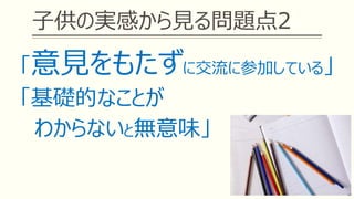 子供の実感から見る問題点2
「意見をもたずに交流に参加している」
「基礎的なことが
わからないと無意味」
 