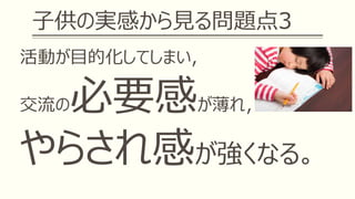 子供の実感から見る問題点3
活動が目的化してしまい，
交流の必要感が薄れ，
やらされ感が強くなる。
 