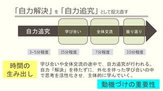 学び合いや全体交流の途中で，自力追究が行われる。
自力「解決」を待たずに，外化を伴った学び合いの中
で思考を活性化させ，主体的に学んでいく。
3~5分程度 15分程度 7分程度 10分程度
時間の
生み出し
自力追究 全体交流学び合い 振り返り
「自力解決」 を 「自力追究」 として捉え直す
動機づけの重要性
 