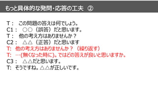 T： この問題の答えは何でしょう。
C1： ○○（誤答）だと思います。
T： 他の考え方はありませんか？
C2： △△（正答）だと思います。
T: 他の考え方はありませんか？（繰り返す）
T: …(無くなった時に)。ではどの答えが良いと思いますか。
C3： △△だと思います。
T: そうですね。△△が正しいです。
 