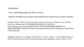 REFERENCIAS
Pinel J. (2007).Biopsicología. 6ta Edición. Pearson
Mendoza, M.(2009,12 de octubre). Video Explicativo del Trayecto de los 12 Pares Craneales
Campos León, R. (2012). Pares Craneales o Nervios Craneales y Órganos de los Sentidos
Especiales. Obtenido de UNIVERSIDAD PEDRO DE VALDIVIA:
http://academico.upv.cl/doctos/KINE-4059/%7BC86A3DED-BBFB-4B8B-83C9-
ADD21000DDDE%7D/2012/S2/Pares%20craneales%20y%20%C3%B3rganos%20de%20los
%20sentidos.pdf
Velásquez Castaño, S. S., Vargas, M., Sierra, D. J., Leal, L., Mora, J. A., & Tramontin Jens, C.
(2018). Anatomía de los Pares Craneales por Resonancia Magnética. Medica Sanitas, 82-91.
 