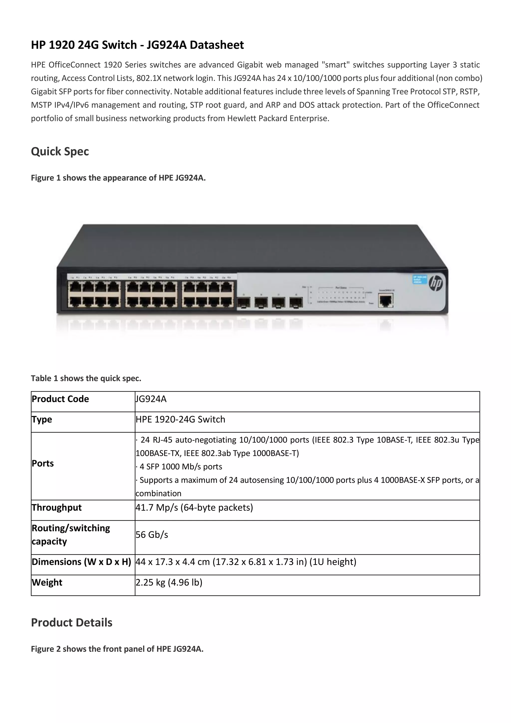 HP 1920 24G Switch JG924A Datasheet PDF