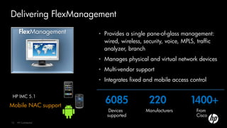 Delivering FlexManagement
      FlexManagement   • Provides a single pane-of-glass management:
                         wired, wireless, security, voice, MPLS, traffic
                         analyzer, branch
                       • Manages physical and virtual network devices
                       • Multi-vendor support
                       • Integrates fixed and mobile access control


                         6085               220              1400+
 HP IMC 5.1

Mobile NAC support
                           Devices        Manufacturers         From
                          supported                             Cisco
12   HP Confidential
 
