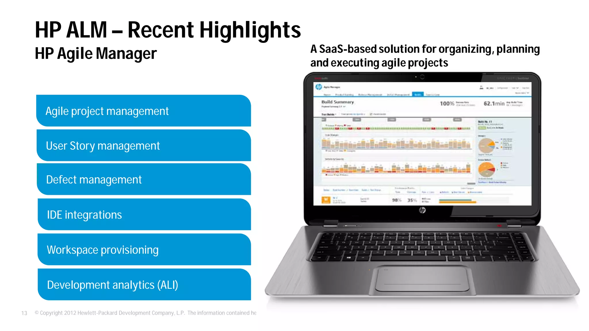 © Copyright 2012 Hewlett-Packard Development Company, L.P. The information contained herein is subject to change without notice.13
HP Agile Manager
Agile project management
User Story management
Defect management
Workspace provisioning
IDE integrations
Development analytics (ALI)
A SaaS solution for Agile
Instant-on service
Regular, incremental
releases driven by user
feedback
Web-based, intuitive UI
Complements HP ALM/QC
Key Characteristics
HP ALM – Recent Highlights
A SaaS-based solution for organizing, planning
and executing agile projects
 