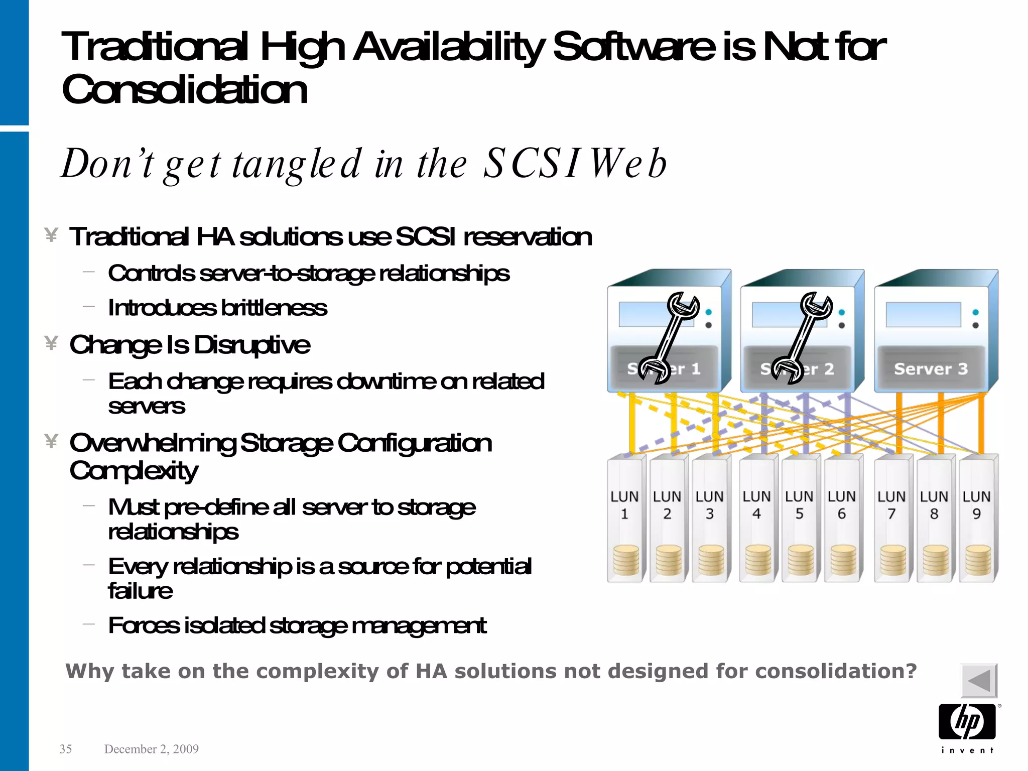 Traditional High Availability Software is Not for Consolidation Don’t get tangled in the SCSI Web Traditional HA solutions use SCSI reservation Controls server-to-storage relationships Introduces brittleness Change Is Disruptive Each change requires downtime on related servers Overwhelming Storage Configuration Complexity Must pre-define all server to storage relationships Every relationship is a source for potential failure Forces isolated storage management Why take on the complexity of HA solutions not designed for consolidation? 
