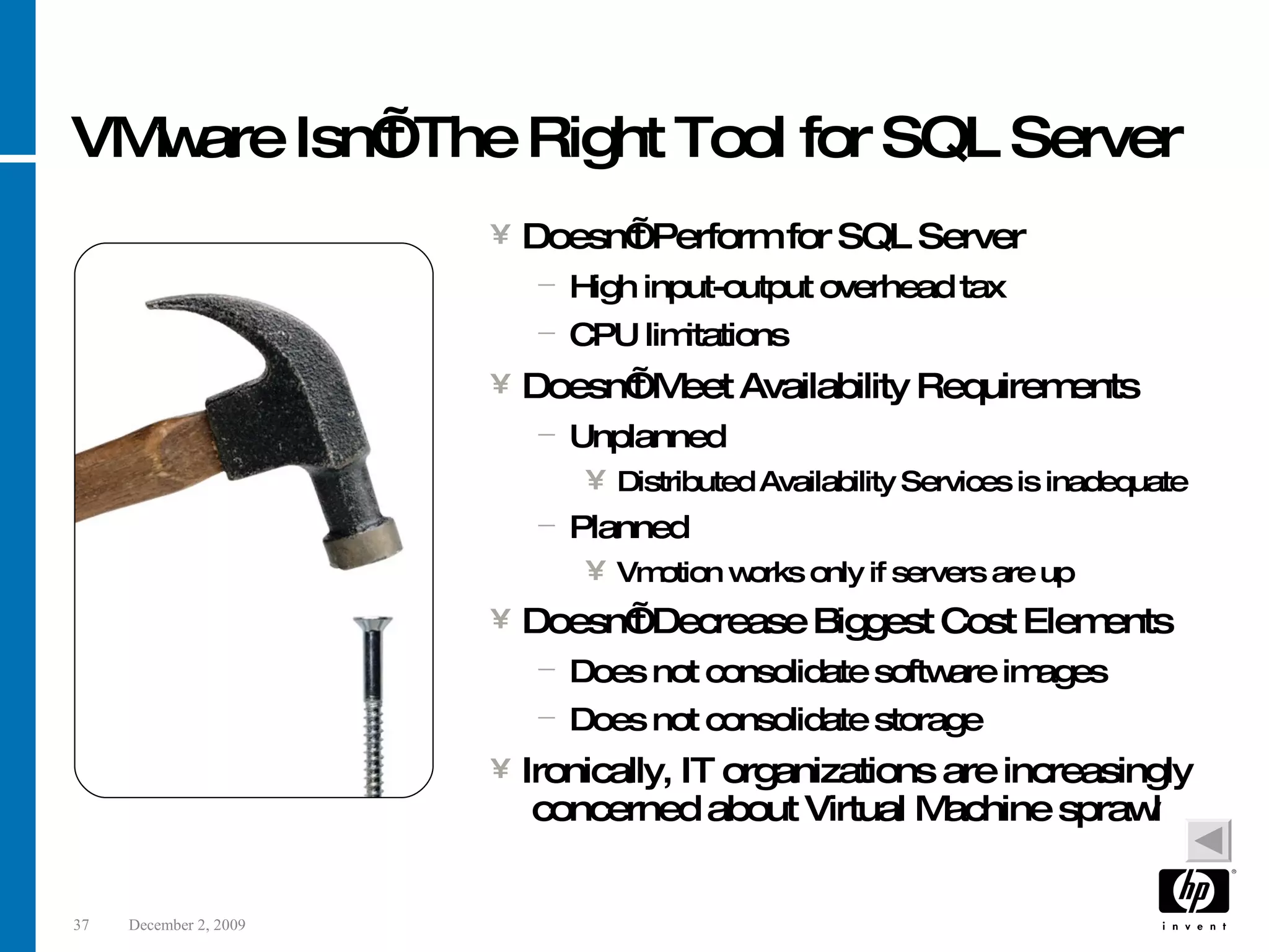VMware Isn’t The Right Tool for SQL Server Doesn’t Perform for SQL Server High input-output overhead tax CPU limitations Doesn’t Meet Availability Requirements Unplanned Distributed Availability Services is inadequate Planned Vmotion works only if servers are up Doesn’t Decrease Biggest Cost Elements Does not consolidate software images Does not consolidate storage Ironically, IT organizations are increasingly concerned about Virtual Machine sprawl 