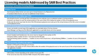 © Copyright 2012 Hewlett-Packard Development Company, L.P. The information contained herein is subject to change without notice.21
Classical per workstation licensing (Adobe)
Windows Server
•An Enterprise Edition license can cover up to 4 virtual instances on a Physical server
•A Standard Edition license can cover an additional virtual instance
SQL Server Enterprise Edition (per CPU)
•An enterprise license covering all CPUs of the physical server will also cover an unlimited number of virtual instances
•Customer can choose to cover the virtual instances if the sum of their CPU is below the number of CPUs of the physical server
•In the end, the server must take the min of the CPUs between physical server and sum of the virtual instances (if no SQL server is installed
on the physical server)
Microsoft desktop application licensing:
•A user can install a second copy of the application on a portable device if he has a license.
•Asset Manager can flag every first Microsoft application on a portable device not to be counted
Oracle CPU licensing (Core Factor table)
•Oracle Standard and Standard one: the server must be charged for the number of CPU
•Enterprise Edition: number of Cores * Core factor for the CPU type
•Hard partitioning (Solaris containers…): number of cores of the virtual server, soft partitioning (VMWare…): number of cores of the physical
server
IBM PVU licensing, including sub capacity
•Number of PVU points of CPU type x nr of cores
•Sub capacity: the number of cores chosen will be either the number of the physical server or the sum of cores of the virtual instances with
the application installed
ESX server
•CPU number x Factor depending on the number of cores per CPU
•If the server has more that 256 GB of RAM: Enterprise Plus Edition required
Licensing models Addressed by SAM Best Practices
 