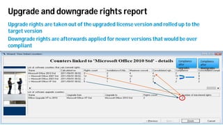 © Copyright 2012 Hewlett-Packard Development Company, L.P. The information contained herein is subject to change without notice.22
Upgrade and downgrade rights report
Upgrade rights are taken out of the upgraded license version and rolled up to the
target version
Downgrade rights are afterwards applied for newer versions that would be over
compliant
Compliance
after
upgrades
Compliance
after
downgrades
 