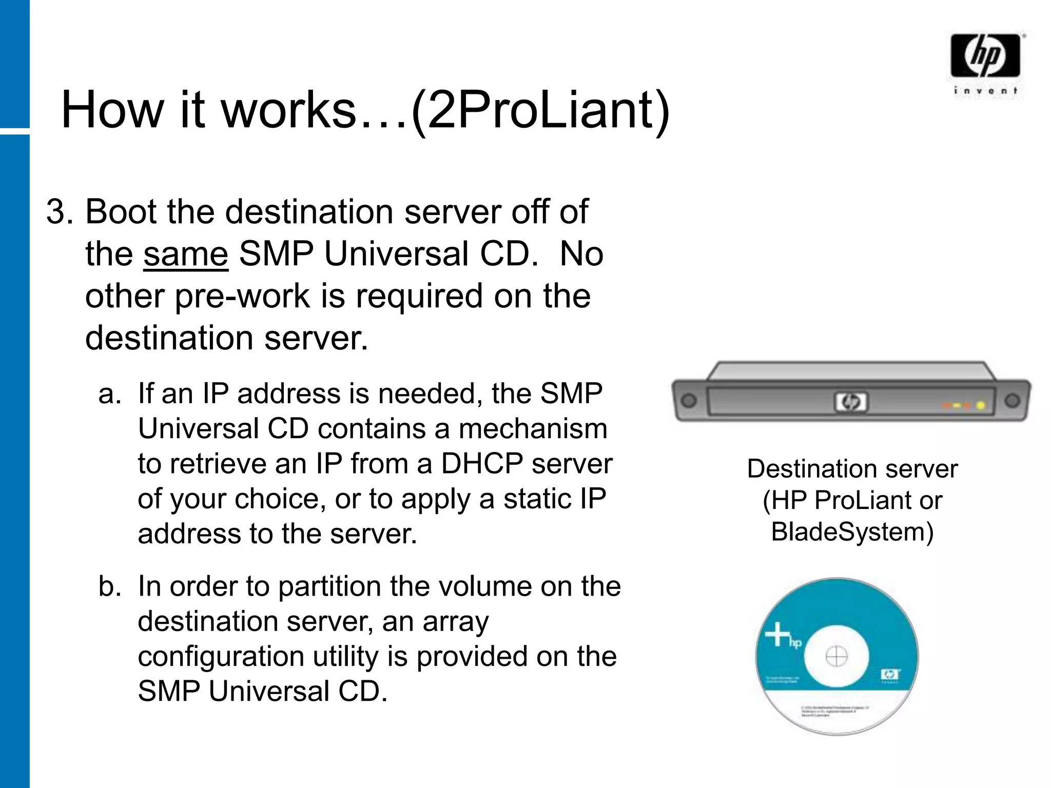 How it works…(2ProLiant)
3. Boot the destination server off of
   the same SMP Universal CD. No
   other pre-work is required on the
   destination server.
   a. If an IP address is needed, the SMP
      Universal CD contains a mechanism
      to retrieve an IP from a DHCP server       Destination server
      of your choice, or to apply a static IP     (HP ProLiant or
      address to the server.                       BladeSystem)

   b. In order to partition the volume on the
      destination server, an array
      configuration utility is provided on the
      SMP Universal CD.
 