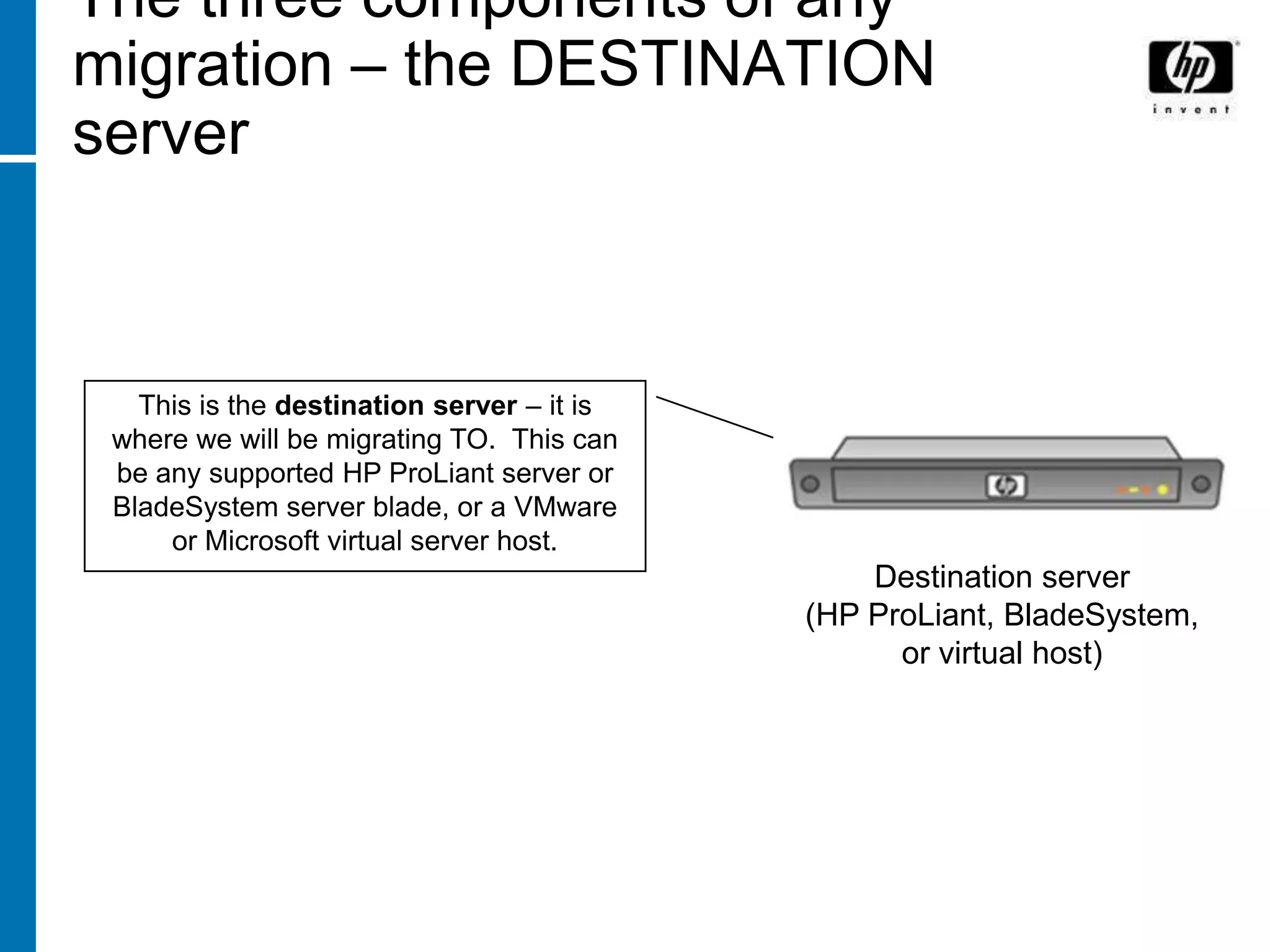 The three components of any
migration – the DESTINATION
server



   This is the destination server – it is
 where we will be migrating TO. This can
 be any supported HP ProLiant server or
 BladeSystem server blade, or a VMware
     or Microsoft virtual server host.
                                                Destination server
                                            (HP ProLiant, BladeSystem,
                                                  or virtual host)
 