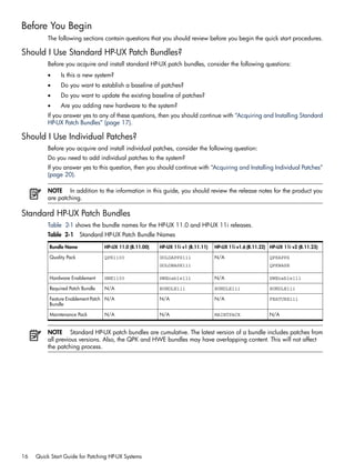 Before You Begin
The following sections contain questions that you should review before you begin the quick start procedures.
Should I Use Standard HP-UX Patch Bundles?
Before you acquire and install standard HP-UX patch bundles, consider the following questions:
• Is this a new system?
• Do you want to establish a baseline of patches?
• Do you want to update the existing baseline of patches?
• Are you adding new hardware to the system?
If you answer yes to any of these questions, then you should continue with “Acquiring and Installing Standard
HP-UX Patch Bundles” (page 17).
Should I Use Individual Patches?
Before you acquire and install individual patches, consider the following question:
Do you need to add individual patches to the system?
If you answer yes to this question, then you should continue with “Acquiring and Installing Individual Patches”
(page 20).
NOTE In addition to the information in this guide, you should review the release notes for the product you
are patching.
Standard HP-UX Patch Bundles
Table 2-1 shows the bundle names for the HP-UX 11.0 and HP-UX 11i releases.
Table 2-1 Standard HP-UX Patch Bundle Names
HP-UX 11i v2 (B.11.23)HP-UX 11i v1.6 (B.11.22)HP-UX 11i v1 (B.11.11)HP-UX 11.0 (B.11.00)Bundle Name
QPKAPPS
QPKBASE
N/AGOLDAPPS11i
GOLDBASE11i
QPK1100Quality Pack
HWEnable11iN/AHWEnable11iHWE1100Hardware Enablement
BUNDLE11iBUNDLE11iBUNDLE11iN/ARequired Patch Bundle
FEATURE11iN/AN/AN/AFeature Enablement Patch
Bundle
N/AMAINTPACKN/AN/AMaintenance Pack
NOTE Standard HP-UX patch bundles are cumulative. The latest version of a bundle includes patches from
all previous versions. Also, the QPK and HWE bundles may have overlapping content. This will not affect
the patching process.
16 Quick Start Guide for Patching HP-UX Systems
 