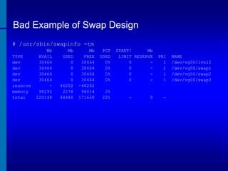 Bad Example of Swap Design
# /usr/sbin/swapinfo -tm
TYPE
dev
dev
dev
dev
reserve
memory
total

Mb
AVAIL
30464
30464
30464
30464
98292
220148

Mb
USED
0
0
0
0
46202
2278
48480

Mb
FREE
30464
30464
30464
30464
-46202
96014
171668

PCT
USED
0%
0%
0%
0%
2%
22%

START/
Mb
LIMIT RESERVE
0
0
0
0
-

-

0

PRI
1
1
1
1

-

NAME
/dev/vg00/lvol2
/dev/vg00/swap1
/dev/vg00/swap2
/dev/vg00/swap3

 