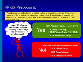 HP-UX Pseudoswap
Pseudoswap allows the kernel to treat a portion of physical memory as if it is swap
space in order to satisfy the swap reservation policy. Pseudo-swap is enabled by
default in all current versions of HP-UX and is removed as kernel parameter in11i v3
(swapmem_on).
I have 2GB of swap
and 8GB of available
memory. Can I start a
4GB process on
an idle server?

With Pseudoswap (swapmem_on=1)

Yes!

2GB Device Swap
+ 6GB Pseudo Swap (75% 8GB)
8GB Reservable Swap

Without Pseudoswap (swapmem_on=0)

No!

2GB Device Swap
+ 0GB Pseudo Swap
2GB Reservable Swap

 
