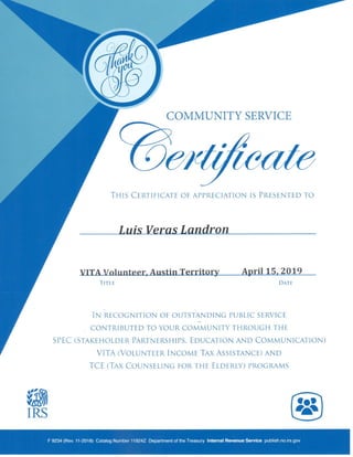VITA Volunteer Certificate (Austin Territory)