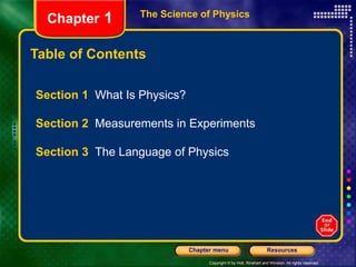 Copyright © by Holt, Rinehart and Winston. All rights reserved.
Resources
Chapter menu
The Science of Physics
Chapter 1
Table of Contents
Section 1 What Is Physics?
Section 2 Measurements in Experiments
Section 3 The Language of Physics
 