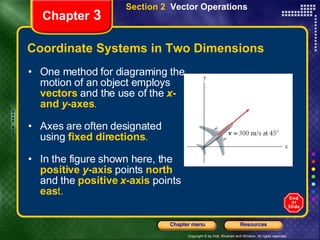 Coordinate Systems in Two Dimensions One method for diagraming the motion of an object employs   vectors   and the use of the   x - and  y -axes . Axes are often designated using   fixed directions .  In the figure shown here, the   positive  y -axis   points  north   and the   positive  x -axis   points   eas t. Chapter  3 Section 2  Vector Operations 