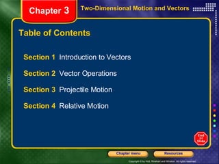 Table of Contents Section 1  Introduction to Vectors Section 2  Vector Operations Section 3  Projectile Motion Section 4  Relative Motion Two-Dimensional Motion and Vectors Chapter  3 