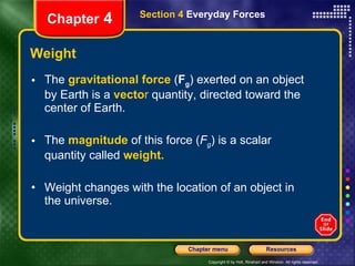 Weight The  gravitational force   ( F g ) exerted on an object by Earth is a   vecto r  quantity, directed toward the center of Earth. The  magnitude   of this force ( F g ) is a scalar quantity called   weight. Weight changes with the location of an object in the universe. Chapter  4 Section 4  Everyday Forces 
