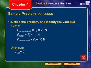 Sample Problem,  continued 1. Define the problem, and identify the variables. Given:   F gravity-on-book  =  F g  = 22 N F friction  =  F f  = 11 N F table-on-book  =  F t  = 18 N Chapter  4 Section 2  Newton’s First Law   Unknown:   F net  = ? 