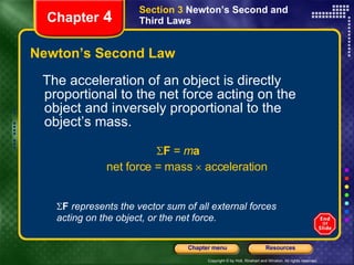Newton’s Second Law The acceleration of an object is directly proportional to the net force acting on the object and inversely proportional to the object’s mass.  F  =  m a net force = mass    acceleration Chapter  4 Section 3  Newton’s Second and Third Laws  F   represents the vector sum of all external forces acting on the object, or the net force. 