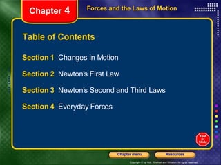 Table of Contents Section 1  Changes in Motion Section 2  Newton's First Law Section 3  Newton's Second and Third Laws Section 4  Everyday Forces Forces and the Laws of Motion Chapter  4 