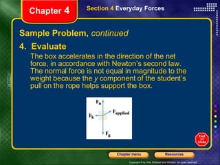 Sample Problem,  continued 4.  Evaluate The box accelerates in the direction of the net force, in accordance with Newton’s second law. The normal force is not equal in magnitude to the weight because the  y  component of the student’s pull on the rope helps support the box. Chapter  4 Section 4  Everyday Forces 