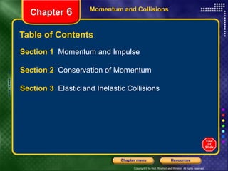 Copyright © by Holt, Rinehart and Winston. All rights reserved.
ResourcesChapter menu
Momentum and Collisions
Chapter 6
Table of Contents
Section 1 Momentum and Impulse
Section 2 Conservation of Momentum
Section 3 Elastic and Inelastic Collisions
 