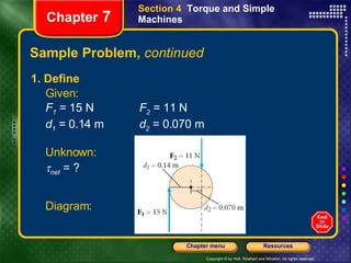Sample Problem,  continued 1. Define Given: F 1  = 15 N   F 2  = 11 N d 1  = 0.14 m   d 2  = 0.070 m Chapter  7 Section 4  Torque and Simple Machines Diagram: Unknown:  net  = ? 