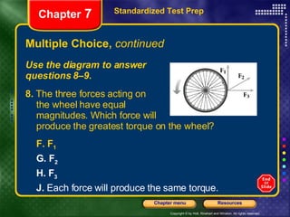 Multiple Choice,  continued Use the diagram to answer  questions 8–9. Standardized Test Prep Chapter  7 8.  The three forces acting on the wheel have equal  magnitudes. Which force will produce the greatest torque on the wheel? F.   F 1 G.   F 2 H.   F 3 J.  Each force will produce the same torque. 