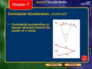 Centripetal Acceleration,  continued Centripetal acceleration is always directed toward the center of a circle. Chapter  7 Section 1  Circular Motion 