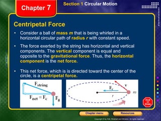 Centripetal Force Consider a ball of   mass  m   that is being whirled in a horizontal circular path of   radius  r   with constant speed. Chapter  7 The force exerted by the string has horizontal and vertical components. The   vertical   component is equal and opposite to the   gravitational force .  Thus, the   horizontal component   is the   net force.   This net force, which is is directed toward the center of the circle, is a   centripetal force. Section 1  Circular Motion 