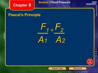 Pascal’s Principle Chapter  8 Section 2  Fluid Pressure F 1 =  F 2   A 1  A 2 