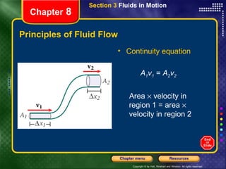Principles of Fluid Flow Continuity equation A 1 v 1  =  A 2 v 2 Area    velocity in region 1 = area    velocity in region 2 Section 3  Fluids in Motion Chapter  8 