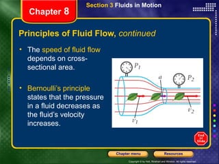 Principles of Fluid Flow,  continued The  speed of fluid flow  depends on cross-sectional area. Bernoulli’s principle  states that the pressure in a fluid decreases as the fluid’s velocity increases. Section 3  Fluids in Motion Chapter  8 