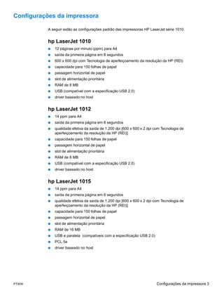 Configurações da impressora

          A seguir estão as configurações padrão das impressoras HP LaserJet série 1010.


          hp LaserJet 1010
          ●   12 páginas por minuto (ppm) para A4
          ●   saída da primeira página em 8 segundos
          ●   600 x 600 dpi com Tecnologia de aperfeiçoamento da resolução da HP (REt)
          ●   capacidade para 150 folhas de papel
          ●   passagem horizontal de papel
          ●   slot de alimentação prioritária
          ●   RAM de 8 MB
          ●   USB (compatível com a especificação USB 2.0)
          ●   driver baseado no host


          hp LaserJet 1012
          ●   14 ppm para A4
          ●   saída da primeira página em 8 segundos
          ●   qualidade efetiva da saída de 1.200 dpi [600 x 600 x 2 dpi com Tecnologia de
              aperfeiçoamento da resolução da HP (REt)]
          ●   capacidade para 150 folhas de papel
          ●   passagem horizontal de papel
          ●   slot de alimentação prioritária
          ●   RAM de 8 MB
          ●   USB (compatível com a especificação USB 2.0)
          ●   driver baseado no host


          hp LaserJet 1015
          ●   14 ppm para A4
          ●   saída da primeira página em 8 segundos
          ●   qualidade efetiva da saída de 1.200 dpi [600 x 600 x 2 dpi com Tecnologia de
              aperfeiçoamento da resolução da HP (REt)]
          ●   capacidade para 150 folhas de papel
          ●   passagem horizontal de papel
          ●   slot de alimentação prioritária
          ●   RAM de 16 MB
          ●   USB e paralela (compatíveis com a especificação USB 2.0)
          ●   PCL 5e
          ●   driver baseado no host




PTWW                                                                      Configurações da impressora 3
 