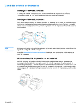 Caminhos do meio de impressão

               Bandeja de entrada principal
               A bandeja de entrada principal incluída, localizada na frente da impressora, suporta até
               150 folhas de papel de 75 g, vários envelopes ou outros meios de impressão.


               Bandeja de entrada prioritária
               Você deve utilizar a bandeja de entrada prioritária ao alimentar até 10 folhas de papel de 75 g ou
               ao imprimir envelopes, cartões postais, etiquetas ou transparências únicos. Também é possível
               utilizar essa bandeja para imprimir a primeira página em meio de impressão diferente do restante
               do documento.




Nota           A impressora imprime automaticamente a partir da bandeja de entrada prioritária, antes de imprimir
               a partir da bandeja de entrada principal.

               Consulte Carregamento do meio de impressão para obter mais informações sobre os tipos de
               meio de impressão.


               Guias do meio de impressão da impressora
               As duas bandejas de entrada possuem guias do meio de impressão laterais. A bandeja de
               entrada principal também tem uma guia traseira de meio de impressão. As guias do meio de
               impressão garantem que o meio de impressão seja alimentado corretamente na impressora e que
               a impressão não fique inclinada (torta no meio de impressão). Ao carregar o meio de impressão,
               ajuste as guias de acordo com a largura e o comprimento do meio de impressão que está sendo
               usado.




8 Capítulo 1                                                                                              PTWW
 