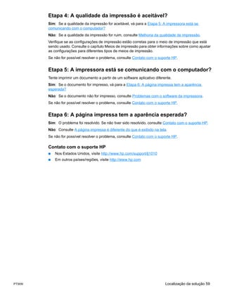 Etapa 4: A qualidade da impressão é aceitável?
       Sim: Se a qualidade da impressão for aceitável, vá para a Etapa 5: A impressora está se
       comunicando com o computador?
       Não: Se a qualidade da impressão for ruim, consulte Melhoria da qualidade de impressão.
       Verifique se as configurações de impressão estão corretas para o meio de impressão que está
       sendo usado. Consulte o capítulo Meios de impressão para obter informações sobre como ajustar
       as configurações para diferentes tipos de meios de impressão.
       Se não for possível resolver o problema, consulte Contato com o suporte HP.


       Etapa 5: A impressora está se comunicando com o computador?
       Tente imprimir um documento a partir de um software aplicativo diferente.
       Sim: Se o documento for impresso, vá para a Etapa 6: A página impressa tem a aparência
       esperada?
       Não: Se o documento não for impresso, consulte Problemas com o software da impressora.
       Se não for possível resolver o problema, consulte Contato com o suporte HP.


       Etapa 6: A página impressa tem a aparência esperada?
       Sim: O problema foi resolvido. Se não tiver sido resolvido, consulte Contato com o suporte HP.
       Não: Consulte A página impressa é diferente do que é exibido na tela.
       Se não for possível resolver o problema, consulte Contato com o suporte HP.

       Contato com o suporte HP
       ●   Nos Estados Unidos, visite http://www.hp.com/support/lj1010
       ●   Em outros países/regiões, visite http://www.hp.com




PTWW                                                                        Localização da solução 59
 