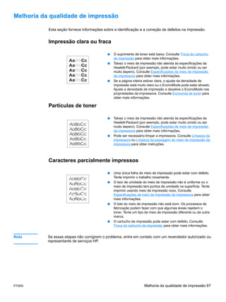 Melhoria da qualidade de impressão

           Esta seção fornece informações sobre a identificação e a correção de defeitos na impressão.


           Impressão clara ou fraca

                                             ●   O suprimento de toner está baixo. Consulte Troca do cartucho
                                                 de impressão para obter mais informações.
                                             ●   Talvez o meio de impressão não atenda às especificações da
                                                 Hewlett-Packard (por exemplo, pode estar muito úmido ou ser
                                                 muito áspero). Consulte Especificações de meio de impressão
                                                 da impressora para obter mais informações.
                                             ●   Se a página inteira estiver clara, o ajuste da densidade de
                                                 impressão está muito claro ou o EconoMode pode estar ativado.
                                                 Ajuste a densidade de impressão e desative o EconoMode nas
                                                 propriedades da impressora. Consulte Economia de toner para
                                                 obter mais informações.

           Partículas de toner

                                             ●   Talvez o meio de impressão não atenda às especificações da
                                                 Hewlett-Packard (por exemplo, pode estar muito úmido ou ser
                                                 muito áspero). Consulte Especificações de meio de impressão
                                                 da impressora para obter mais informações.
                                             ●   Pode ser necessário limpar a impressora. Consulte Limpeza da
                                                 impressora ou Limpeza da passagem do meio de impressão da
                                                 impressora para obter instruções.



           Caracteres parcialmente impressos

                                             ●   Uma única folha de meio de impressão pode estar com defeito.
                                                 Tente imprimir o trabalho novamente.
                                             ●   O teor de umidade do meio de impressão não é uniforme ou o
                                                 meio de impressão tem pontos de umidade na superfície. Tente
                                                 imprimir usando meio de impressão novo. Consulte
                                                 Especificações de meio de impressão da impressora para obter
                                                 mais informações.
                                             ●   O lote do meio de impressão não está bom. Os processos de
                                                 fabricação podem fazer com que algumas áreas rejeitem o
                                                 toner. Tente um tipo de meio de impressão diferente ou de outra
                                                 marca.
                                             ●   O cartucho de impressão pode estar com defeito. Consulte
                                                 Troca do cartucho de impressão para obter mais informações.


Nota       Se essas etapas não corrigirem o problema, entre em contato com um revendedor autorizado ou
           representante de serviços HP.




PTWW                                                                 Melhoria da qualidade de impressão 67
 