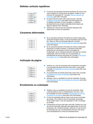 Defeitos verticais repetitivos

                               ●   O cartucho de impressão pode estar danificado. Se ocorrer uma
                                   marca repetitiva no mesmo ponto da página, instale um novo
                                   cartucho de impressão HP. Consulte Troca do cartucho de
                                   impressão para obter instruções.
                               ●   As peças internas podem estar sujas de toner. Consulte
                                   Limpeza da impressora para obter mais informações. Se
                                   os defeitos ocorrerem no verso da página, o problema
                                   provavelmente será corrigido automaticamente depois que
                                   algumas páginas forem impressas.
                               ●   Verifique se o tipo de meio de impressão adequado está
                                   selecionado no driver da impressora.

       Caracteres deformados

                               ●   Se os caracteres estiverem formados de maneira inadequada,
                                   produzindo imagens vazias, o meio de impressão pode ser muito
                                   liso. Tente um meio de impressão diferente. Consulte
                                   Especificações de meio de impressão da impressora para obter
                                   mais informações.
                               ●   Se os caracteres estiverem formados de maneira inadequada,
                                   produzindo um efeito ondulado, a impressora pode estar
                                   precisando de manutenção. Imprima uma página de
                                   configuração. Se os caracteres estiverem formados de maneira
                                   inadequada, entre em contato com um revendedor ou
                                   representante de serviço autorizado HP. Consulte Como entrar
                                   em contato com a HP para obter mais informações.

       Inclinação da página

                               ●   Verifique se o meio de impressão está corretamente carregado
                                   e se a pressão das guias não está muito alta ou muito baixa.
                                   Consulte Carregamento do meio de impressão para obter mais
                                   informações.
                               ●   O compartimento de entrada pode estar muito cheio. Consulte
                                   Carregamento do meio de impressão para obter mais
                                   informações.
                               ●   Verifique o tipo e a qualidade do meio de impressão. Consulte
                                   Especificações de meio de impressão da impressora para obter
                                   mais informações.

       Enrolamento ou ondulação

                               ●   Verifique o tipo e a qualidade do meio de impressão. Tanto
                                   a alta temperatura como a umidade fazem com que o meio
                                   de impressão se enrole. Consulte Especificações de meio de
                                   impressão da impressora para obter mais informações.
                               ●   O meio de impressão pode ter ficado muito tempo na bandeja
                                   de entrada. Vire a pilha de meio de impressão na bandeja.
                                   Tente também girar o meio de impressão em 180º na bandeja
                                   de entrada.
                               ●   A temperatura do fusor pode estar muito alta. Verifique se o tipo
                                   de meio de impressão adequado está selecionado no driver da
                                   impressora. Se o problema persistir, selecione um tipo de meio
                                   de impressão que use uma temperatura de fusor mais baixa,
                                   como transparências ou meios de impressão leves.



PTWW                                                   Melhoria da qualidade de impressão 69
 