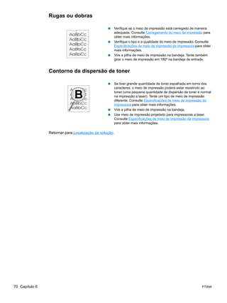 Rugas ou dobras

                                                 ●   Verifique se o meio de impressão está carregado de maneira
                                                     adequada. Consulte Carregamento do meio de impressão para
                                                     obter mais informações.
                                                 ●   Verifique o tipo e a qualidade do meio de impressão. Consulte
                                                     Especificações de meio de impressão da impressora para obter
                                                     mais informações.
                                                 ●   Vire a pilha de meio de impressão na bandeja. Tente também
                                                     girar o meio de impressão em 180º na bandeja de entrada.


                Contorno da dispersão de toner

                                                 ●   Se tiver grande quantidade de toner espalhada em torno dos
                                                     caracteres, o meio de impressão poderá estar resistindo ao
                                                     toner (uma pequena quantidade de dispersão de toner é normal
                                                     na impressão a laser). Tente um tipo de meio de impressão
                                                     diferente. Consulte Especificações de meio de impressão da
                                                     impressora para obter mais informações.
                                                 ●   Vire a pilha de meio de impressão na bandeja.
                                                 ●   Use meio de impressão projetado para impressoras a laser.
                                                     Consulte Especificações de meio de impressão da impressora
                                                     para obter mais informações.

                Retornar para Localização da solução.




70 Capítulo 6                                                                                               PTWW
 