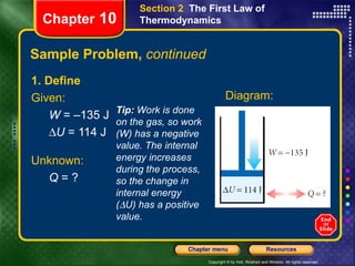 Sample Problem,  continued 1. Define Given: W  = –135 J  U  = 114 J Chapter  10 Section 2  The First Law of Thermodynamics Tip:  Work is done on the gas, so work (W) has a negative value. The internal energy increases during the process, so the change in internal energy (  U) has a positive value. Diagram: Unknown: Q  = ? 