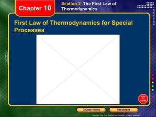 First Law of Thermodynamics for Special Processes Chapter  10 Section 2  The First Law of Thermodynamics 