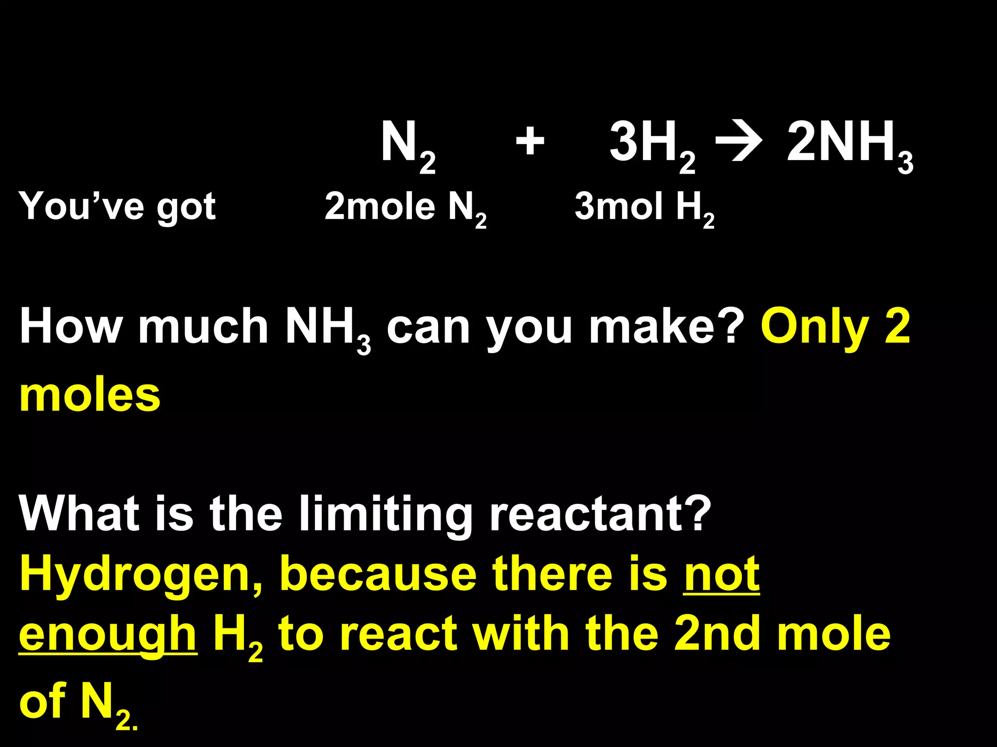       N 2   +  3H 2     2NH 3 You’ve got  2mole N 2   3mol H 2 How much NH 3  can you make?  Only 2 moles What is the limiting reactant?  Hydrogen, because there is  not enough  H 2  to react with the 2nd mole of N 2. 