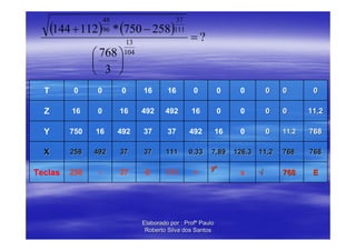 (144 + 112)         * (750 − 258)
                     48                       37
                     96                       111
                             13
                                                    =?
                ⎛ 768 ⎞     104
                ⎜     ⎟
                ⎝ 3 ⎠
  T        0     0          0     16       16        0          0     0        0   0       0

  Z       16     0         16     492     492       16          0     0        0   0      11,2

  Y       750   16         492    37       37       492         16    0        0   11,2   768

  X       258   492        37     37      111       0,33    7,89     126,3 11,2    768    768

                                                           yx
Teclas    258    -         37      E      111        ÷                x    √       768     E




                                  Elaborado por : Profº Paulo
                                   Roberto Silva dos Santos
 