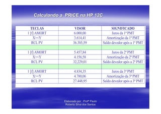 Calculando a PRICE na HP 12C

  TECLAS               VISOR                       SIGNIFICADO
1 [f] AMORT            6.000,00                    Juros da 1ª PMT
    X><Y               3.614,41                Amortização da 1ª PMT
   RCL PV             36.385,59              Saldo devedor após a 1ª PMT

1 [f] AMORT            5.457,84                    Juros da 2ª PMT
    X><Y               4.156,58                Amortização da 2ª PMT
   RCL PV             32,229,01              Saldo devedor após a 2ª PMT

1 [f] AMORT            4.834,35                    Juros da 3ª PMT
    X><Y               4.780,06                Amortização da 3ª PMT
   RCL PV             27.448,95              Saldo devedor após a 3ª PMT



               Elaborado por : Profº Paulo
                Roberto Silva dos Santos
 