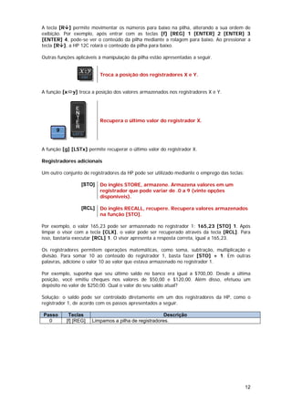 A tecla [R ] permite movimentar os números para baixo na pilha, alterando a sua ordem de
exibição. Por exemplo, após entrar com as teclas [f] [REG] 1 [ENTER] 2 [ENTER] 3
[ENTER] 4, pode-se ver o conteúdo da pilha mediante a rolagem para baixo. Ao pressionar a
tecla [R ], a HP 12C rolará o conteúdo da pilha para baixo.

Outras funções aplicáveis à manipulação da pilha estão apresentadas a seguir.


                          Troca a posição dos registradores X e Y.


A função [x   y] troca a posição dos valores armazenados nos registradores X e Y.




                          Recupera o último valor do registrador X.




A função [g] [LSTx] permite recuperar o último valor do registrador X.

Registradores adicionais

Um outro conjunto de registradores da HP pode ser utilizado mediante o emprego das teclas:

                  [STO]   Do inglês STORE, armazene. Armazena valores em um
                          registrador que pode variar de .0 a 9 (vinte opções
                          disponíveis).

                  [RCL]   Do inglês RECALL, recupere. Recupera valores armazenados
                          na função [STO].

Por exemplo, o valor 165,23 pode ser armazenado no registrador 1: 165,23 [STO] 1. Após
limpar o visor com a tecla [CLX], o valor pode ser recuperado através da tecla [RCL]. Para
isso, bastaria executar [RCL] 1. O visor apresenta a resposta correta, igual a 165,23.

Os registradores permitem operações matemáticas, como soma, subtração, multiplicação e
divisão. Para somar 10 ao conteúdo do registrador 1, basta fazer [STO] + 1. Em outras
palavras, adicione o valor 10 ao valor que estava armazenado no registrador 1.

Por exemplo, suponha que seu último saldo no banco era igual a $700,00. Desde a última
posição, você emitiu cheques nos valores de $50,00 e $120,00. Além disso, efetuou um
depósito no valor de $250,00. Qual o valor do seu saldo atual?

Solução: o saldo pode ser controlado diretamente em um dos registradores da HP, como o
registrador 1, de acordo com os passos apresentados a seguir.

Passo       Teclas                                     Descrição
  0        [f] [REG]   Limpamos a pilha de registradores.




                                                                                             12
 