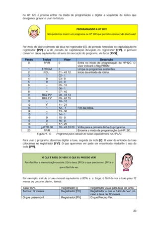 na HP 12C é preciso entrar no modo de programação e digitar a seqüência de teclas que
desejamos gravar e usar no futuro.



                                                      PROGRAMANDO A HP 12C! 
                           Nós podemos inserir um programa na HP 12C que permite a conversão das taxas! 
                    
 
Por meio do abastecimento da taxa no registrador [i], do período fornecido de capitalização no
registrador [PV] e o do período de capitalização desejado no registrador [FV], é possível
converter taxas equivalentes através da execução do programa, via tecla [R/S].

    Passo              Teclas              Visor                            Descrição
      0                 f P/R        0                 Entra no modo de programação da HP12C. O
                                                       visor indicará o flag PRGM
      1             f PRGM           0                 Limpa os programas existentes.
      2               RCL i          01 - 45 12        Início da entrada da rotina.
      3                 1            02 - 1
      4                 0            03 - 0
      5                 0            04 - 0
      6                 ÷            05 - 10
      7                 1            06 - 1
      8                 +            07 - 40
      9             RCL PV           08 - 45 13
      10            RCL FV           09 - 45 15
      11                ÷            10 - 10
      12                Yx           11 - 21
      13                1            12 - 1            Fim da rotina.
      14                 -           13 - 30
      15                1            14 - 1
      16                0            15 - 0
      17                0            16 - 0
      18                x            17 - 20
      19           g GTO 00          18 - 43.33 00     Volta para a primeira linha do programa.
      20              f P/R                            Encerra o modo de programação da HP12C.
                Figura 9. 17.     Programa para cálculo de taxas equivalentes na HP12C.

Para usar o programa, devemos digitar a taxa, seguida da tecla [i]. O valor da unidade da taxa
colocamos no registrador [FV]. O que queremos ver pode ser encontrado mediante o uso da
tecla [PV].



                       O QUE É FÁCIL DE VER E O QUE EU PRECISO VER! 
    Para facilitar a memorização associe: [i] é a taxa; [PV] é o que preciso ver; [FV] é o 
                                     que é fácil de ver. 
                                                                                                       

Por exemplo, calcule a taxa mensal equivalente a 80% a. a. Logo, é fácil de ver a taxa para 12
meses ou um ano. Assim, temos:

Taxa: 80%                                Registrador [i]            Registrador usual para taxa de juros.
Temos: 12 meses                          Registrador [FV]           Registrador o que é Fácil de Ver, no
                                                                    caso a taxa de 12 meses.
O que queremos?                          Registrador [PV]           O que Preciso Ver.




                                                                                                       23
 